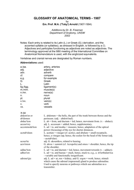 GLOSSARY of ANATOMICAL TERMS - 1987 by Em