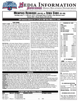 Edia Informationmedia Relations Department 198 Union Avenue | Memphis, Tennessee 38103 | Phone: 901.722.0293 | | @Memphisredbirds