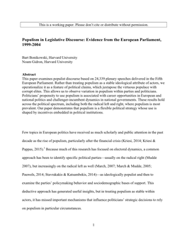 Populism in Legislative Discourse: Evidence from the European Parliament, 1999-2004