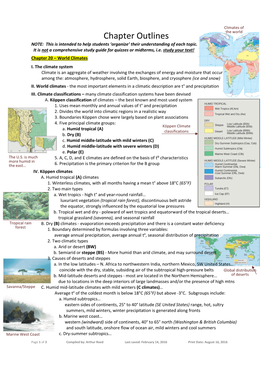 Chapter Outlines the World NOTE: This Is Intended to Help Students ‘Organize’ Their Understanding of Each Topic