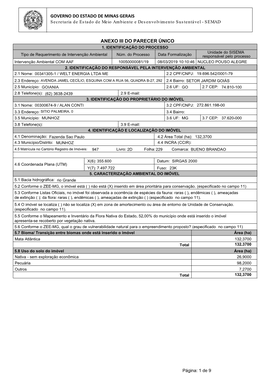 1. IDENTIFICAÇÃO DO PROCESSO Unidade Do SISEMA Tipo De Requerimento De Intervenção Ambiental Núm