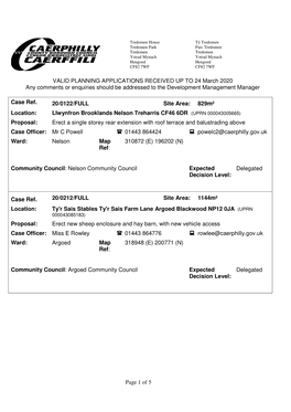 Page 1 of 5 VALID PLANNING APPLICATIONS RECEIVED up to 24 March 2020 Any Comments Or Enquiries Should Be Addressed to the Develo