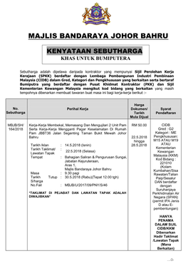 Muat Turun Iklan Sebutharga Mbjb/Sh/164/2018