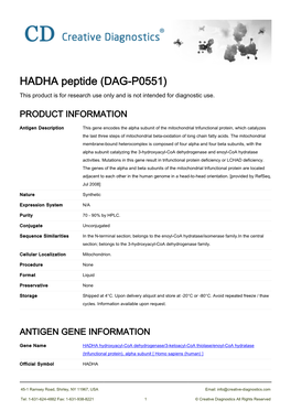 HADHA Peptide (DAG-P0551) This Product Is for Research Use Only and Is Not Intended for Diagnostic Use