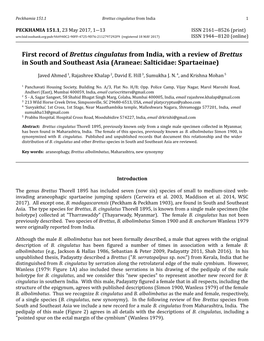 First Record of Brettus Cingulatus from India, with a Review of Brettus in South and Southeast Asia (Araneae: Salticidae: Spartaeinae)