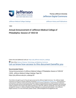 Annual Announcement of Jefferson Medical College of Philadelphia: Session of 1853-54