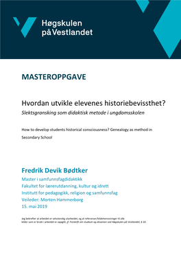 Hvordan Utvikle Elevenes Historiebevissthet? Slektsgransking Som Didaktisk Metode I Ungdomsskolen