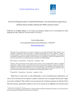 Contra La Patagonia Judía. La Familia Eichmann Y Los Nacionalistas Argentinos Y Chilenos Frente Al Plan Andinia (De 1960 a Nuestros Días)*