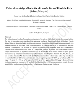 Foliar Elemental Profiles in the Ultramafic Flora of Kinabalu Park (Sabah, Malaysia)