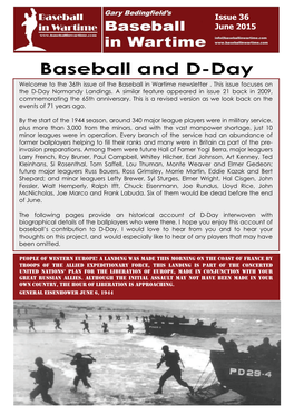 Baseball and D-Day Welcome to the 36Th Issue of the Baseball in Wartime Newsletter