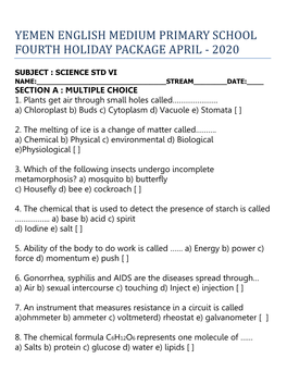 Yemen English Medium Primary School Fourth Holiday Package April - 2020