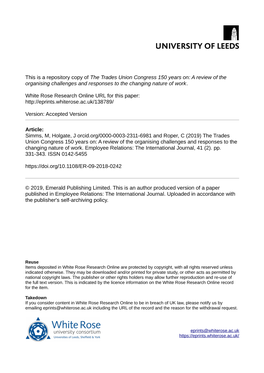 The Trades Union Congress 150 Years On: a Review of the Organising Challenges and Responses to the Changing Nature of Work