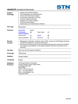 ANABSTR Database Summary Sheet