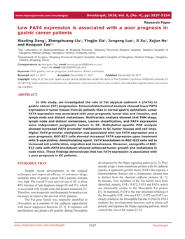 Low FAT4 Expression Is Associated with a Poor Prognosis in Gastric Cancer Patients