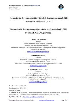 Le Projet De Développement Territorial De La Commune Rurale Sidi Boulkhalf, Province AZILAL