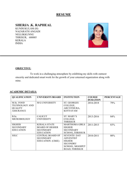 Resume Sherja .K. Rapheal