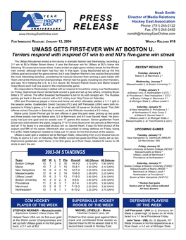 Weekly Release #16 Umass Gets First-Ever Win at Boston U