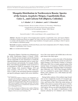 Species of the Genera Anopheles Meigen, Coquillettidia Dyar, Culex L., and Culiseta Felt (Diptera, Culicidae)