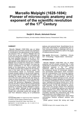 Marcello Malpighi (1628-1694): Pioneer of Microscopic Anatomy and Exponent of the Scientific Revolution of the 17Th Century