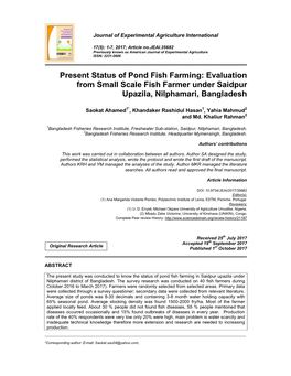 Present Status of Pond Fish Farming: Evaluation from Small Scale Fish Farmer Under Saidpur Upazila, Nilphamari, Bangladesh