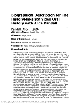 Biographical Description for the Historymakers® Video Oral History with Alice Randall