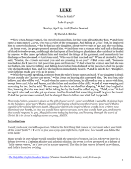 1 “What Is Faith?” Luke 8:40-56 Sunday, April 29, 2018