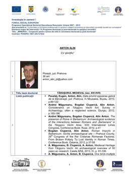 ANTON ALIN CV Științific* Ploiești, Jud. Prahova 36 Ani Anton Alin Pl