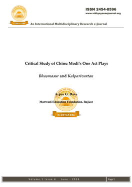 Critical Study of Chinu Modi's One Act Plays Bhasmasur and Kalparivartan