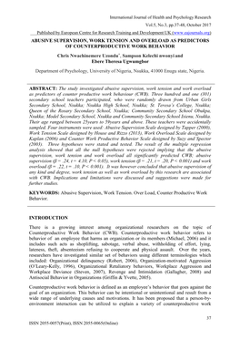 ABUSIVE SUPERVISION, WORK TENSION and OVERLOAD AS PREDICTORS of COUNTERPRODUCTIVE WORK BEHAVIOR Chris Nwachinemere Uzondu*, Samp