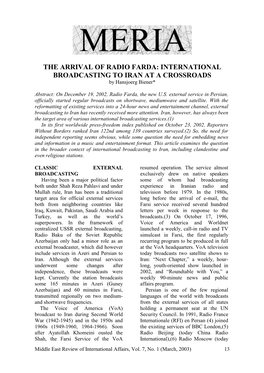 THE ARRIVAL of RADIO FARDA: INTERNATIONAL BROADCASTING to IRAN at a CROSSROADS by Hansjoerg Biener*