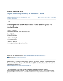 Folate Synthesis and Metabolism in Plants and Prospects for Biofortification