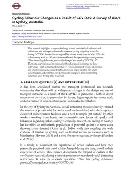 Cycling Behaviour Changes As a Result of COVID-19: a Survey of Users in Sydney, Australia.” Transport Findings, June