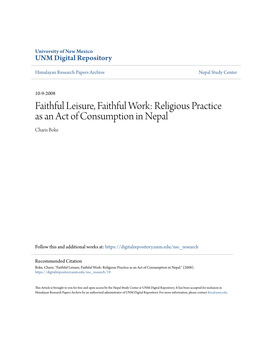 Faithful Leisure, Faithful Work: Religious Practice As an Act of Consumption in Nepal Charis Boke