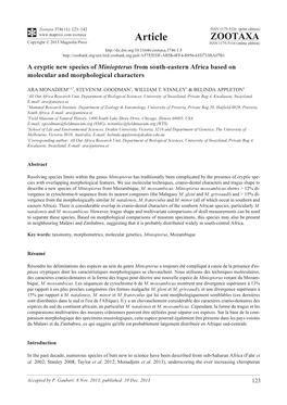 A Cryptic New Species of Miniopterus from South-Eastern Africa Based on Molecular and Morphological Characters