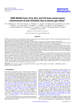 GRB 980425 Host: [C II], [O I], and CO Lines Reveal Recent Enhancement of Star Formation Due to Atomic Gas Inﬂow? M