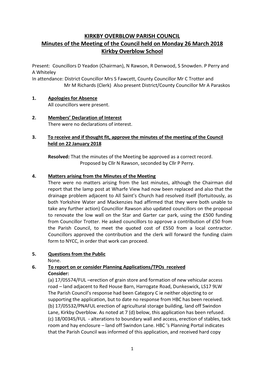 KIRKBY OVERBLOW PARISH COUNCIL Minutes of the Meeting of the Council Held on Monday 26 March 2018 Kirkby Overblow School