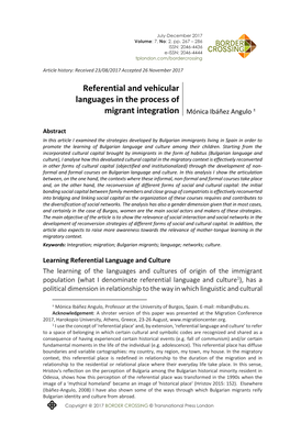 Referential and Vehicular Languages in the Process of Migrant Integration Mónica Ibáñez Angulo ±