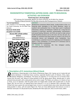 RHODOMYRTUS TOMENTOSA (AITON) HASSK. and ITS BIOLOGICAL ACTIVITIES: an OVERVIEW 1. Description of R. Tomentosa (Aiton) Hassk