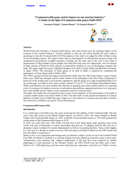 Commonwealth Game and Its Impact on Our Tourism Industry” “A Study in the Light of Commonwealth Games Delhi 2010” Anurupa B Singh*, Suman Kumar** & Gunjesh Kumar**