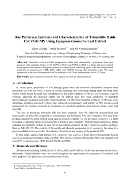 One Pot Green Synthesis and Characterization of Trimetallic Oxide Cucrnio Nps Using Eryngium Campestre Leaf Extract