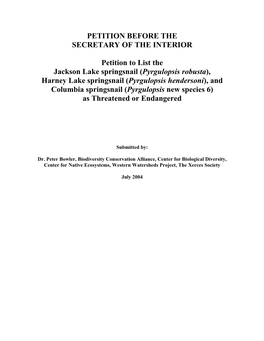 (Pyrgulopsis Robusta), Harney Lake Springsnail (Pyrgulopsis Hendersoni), and Columbia Springsnail (Pyrgulopsis New Species 6) As Threatened Or Endangered