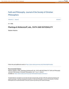 Plantinga & Wolterstorff, Eds., FAITH and RATIONALITY