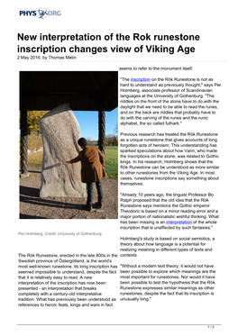 New Interpretation of the Rok Runestone Inscription Changes View of Viking Age 2 May 2016, by Thomas Melin