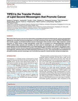 TIPE3 Is the Transfer Protein of Lipid Second Messengers That Promote Cancer, Cancer Cell (2014), Cancer Cell Article