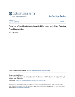 Creation of the Illinois State Board of Elections and Other Election Fraud Legislation