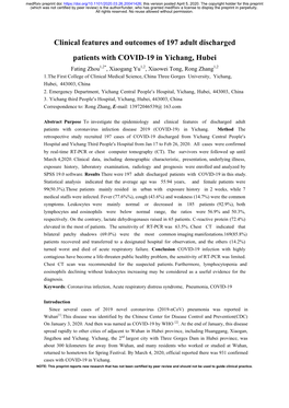 Clinical Features and Outcomes of 197 Adult Discharged Patients with COVID-19 in Yichang, Hubei Fating Zhou1,2*, Xiaogang Yu1,2, Xiaowei Tong, Rong Zhang1,2 1