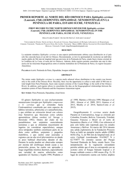 Serpentes: Dipsadidae: Xenodontinae) En La Península De Paria, Estado Sucre, Venezuela