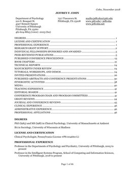 Cohn, November 2018 Page 1 of 46 JEFFREY F. COHN Department of Psychology 210 S. Bouquet St. 4327 Sennott Square University of P