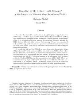 Does the EITC Reduce Birth Spacing? a New Look at the Eﬀects of Wage Subsidies on Fertility