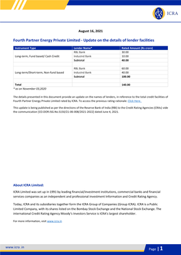 Fourth Partner Energy Private Limited - Update on the Details of Lender Facilities